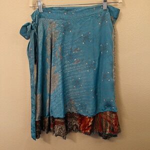 NWT Wevez Floral Silk Wrap Skirt Blue Orange Reversible? Boho Hippie Flowy Sz S